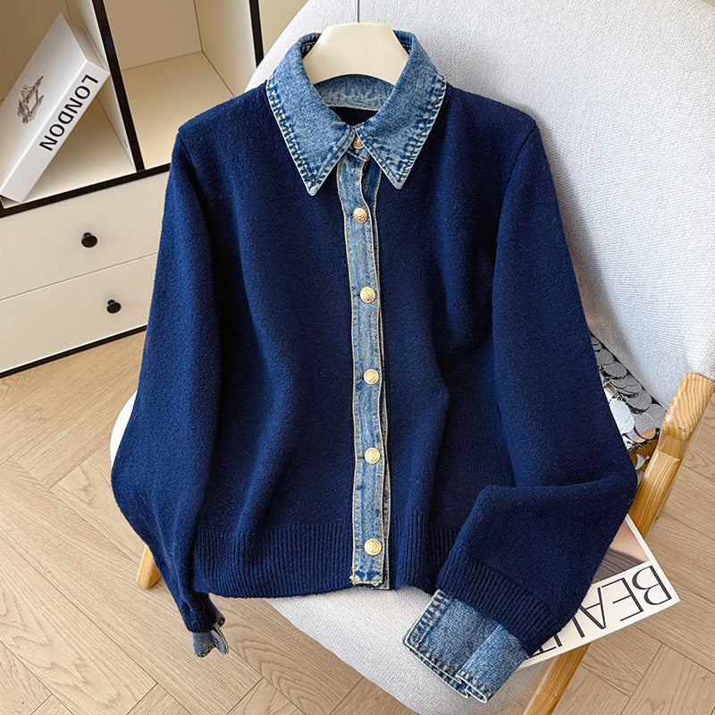 Denim Polo Neck Patchwork Knit Sweater