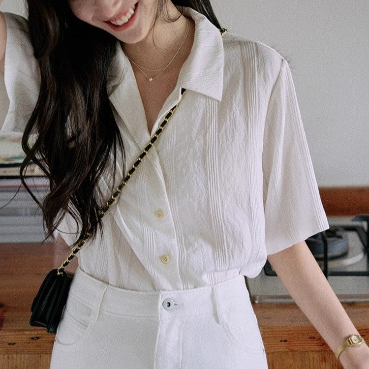 Loose Short Sleeve Cuban Collar Shirt  Casual Top