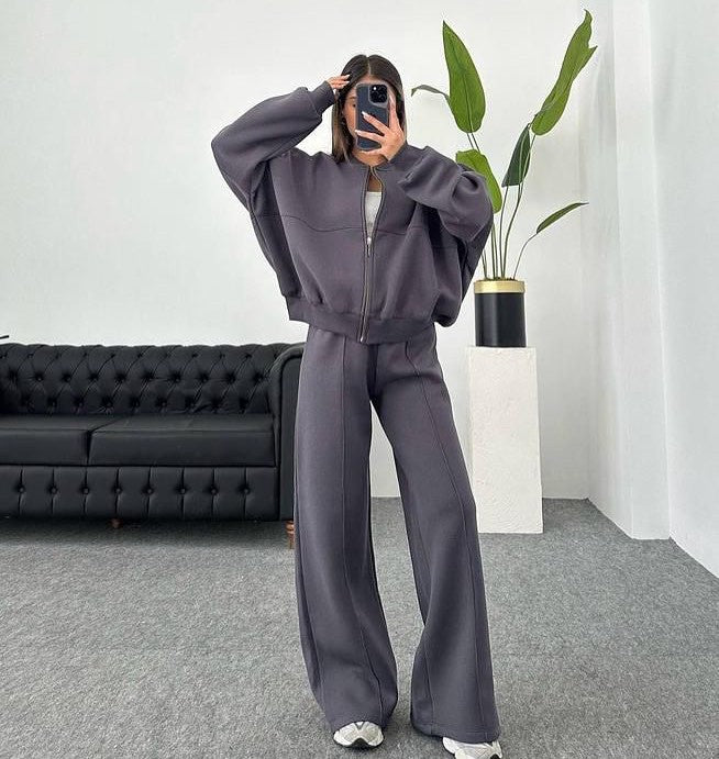 Casual Set for Women, Open Front Sweatshirt Long Sleeve Jacket and Pants Two-Piece Outfit