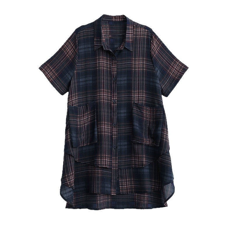 Plus Size Women's Summer Fashion Versatile Plaid Chubby MM Elegant Shirt Loose Belly Covering Slimming Blouse
