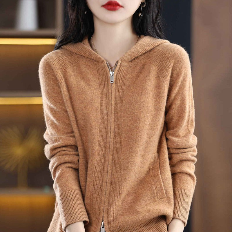 Hooded Zipper Knit Cardigan Women Long Sleeve Versatile Loose Sweater Coat Fashion Top