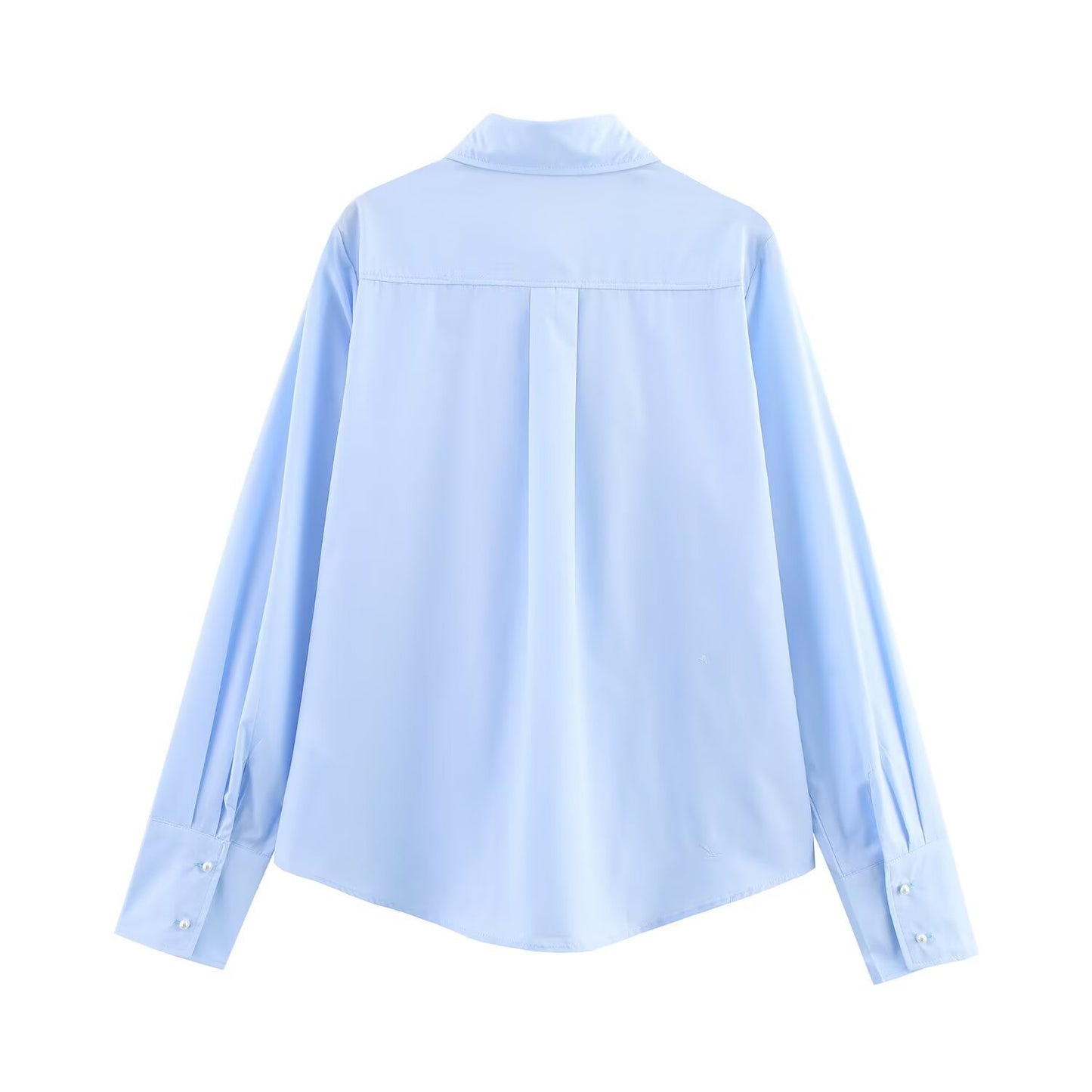 Casual collar long sleeved single breasted bow tie blue shirt top for women