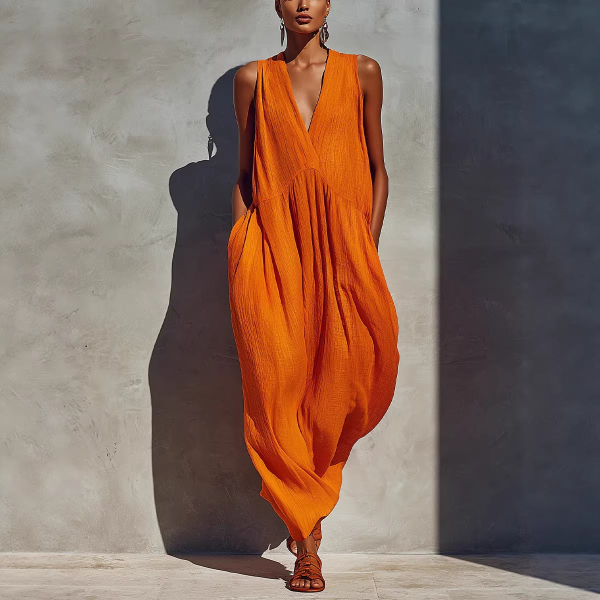 Solid color V-neck dress