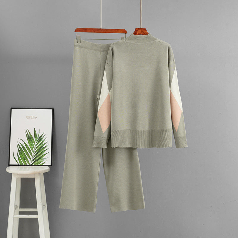 Loose round neck sweater wide leg pants two-piece set for women