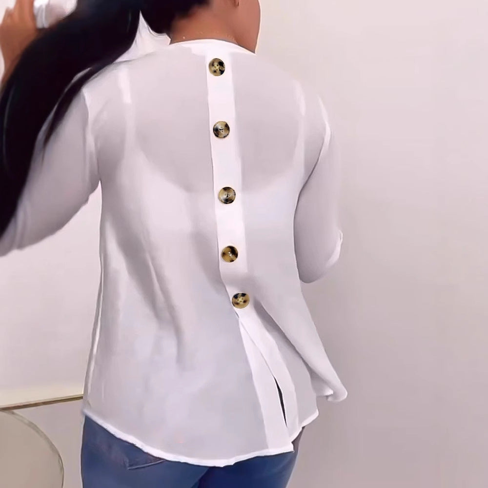 Women's White V-neck Back Buttoned Long-sleeved Blouse
