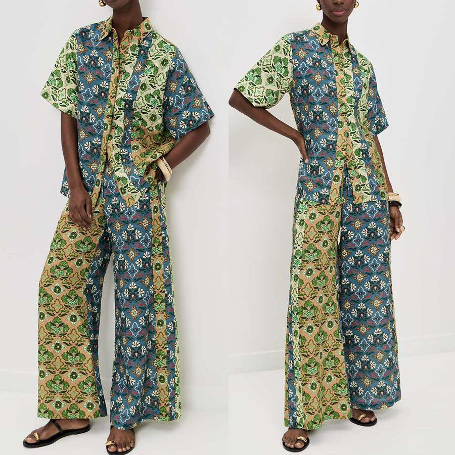 Fashionable Print Short Sleeve Set for Women, Loose Beach Style Pants with Pocket Casual Summer Outfit