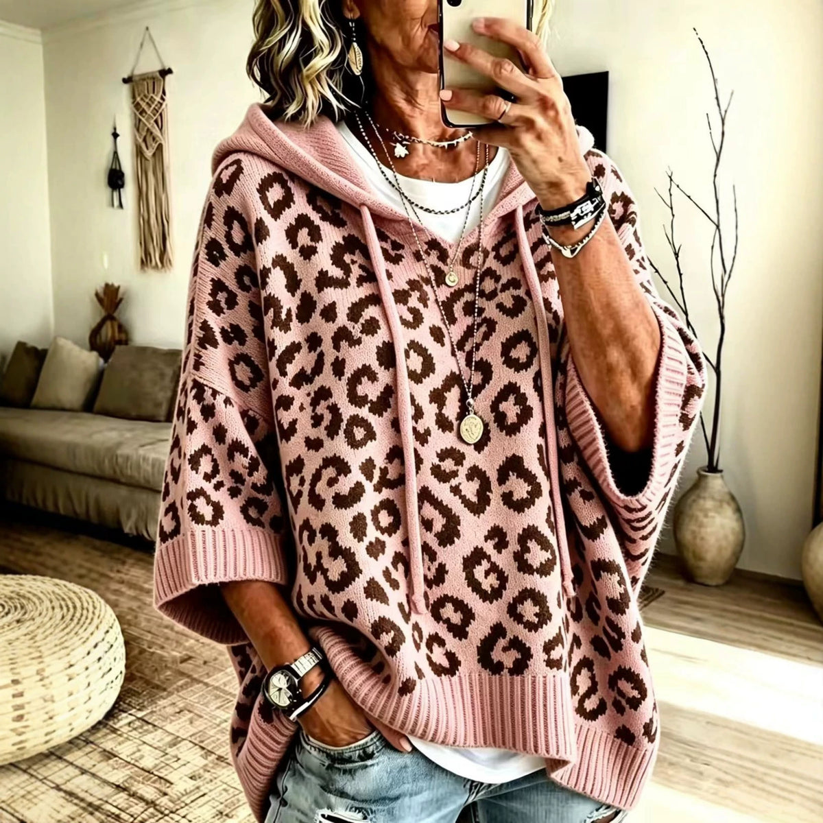 Leopard print hooded drawstring knit pullover hoodie knit