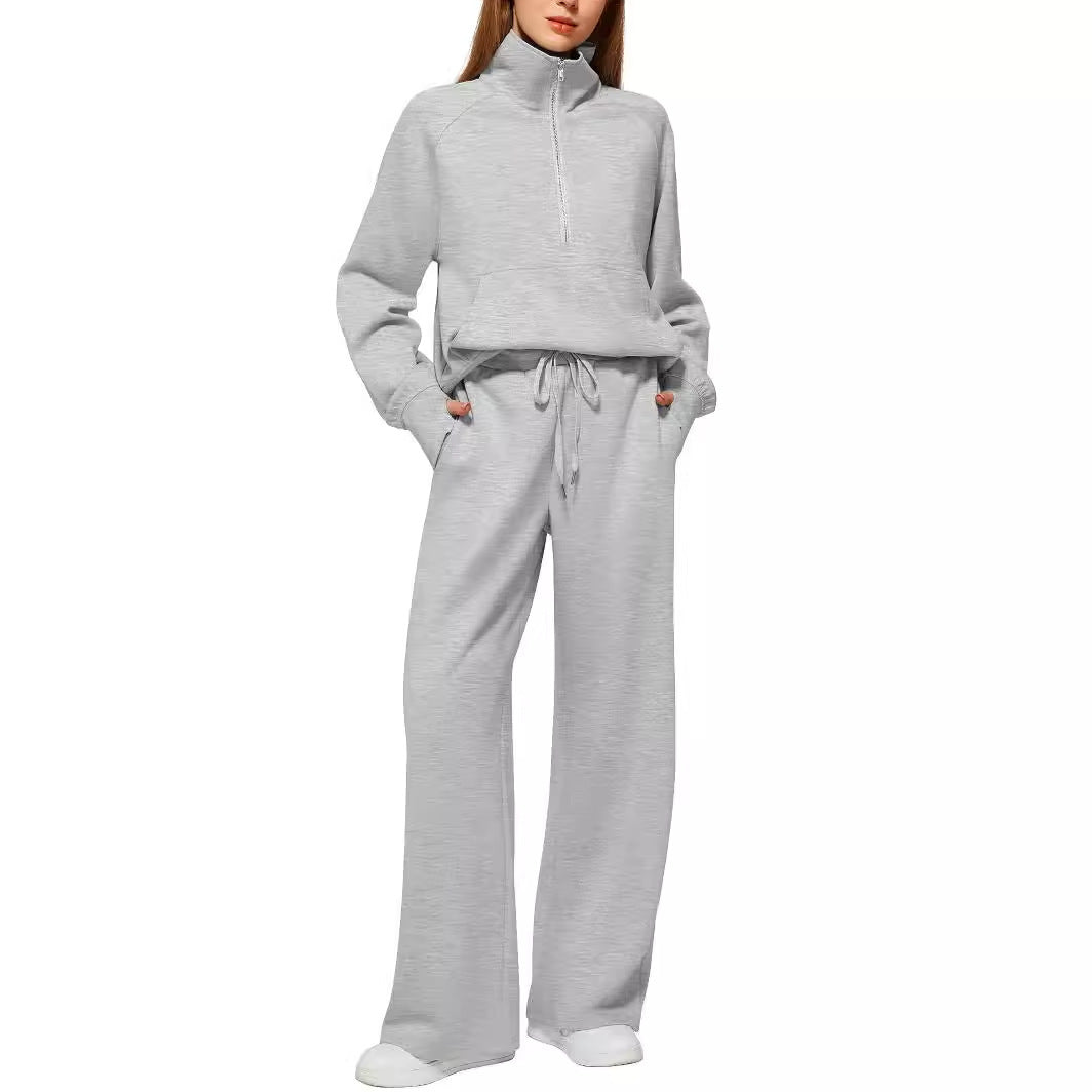 Women's Two-Piece Set with Oversized Half-Zip Hoodie and Wide-Leg Sweatpants Casual Outfit
