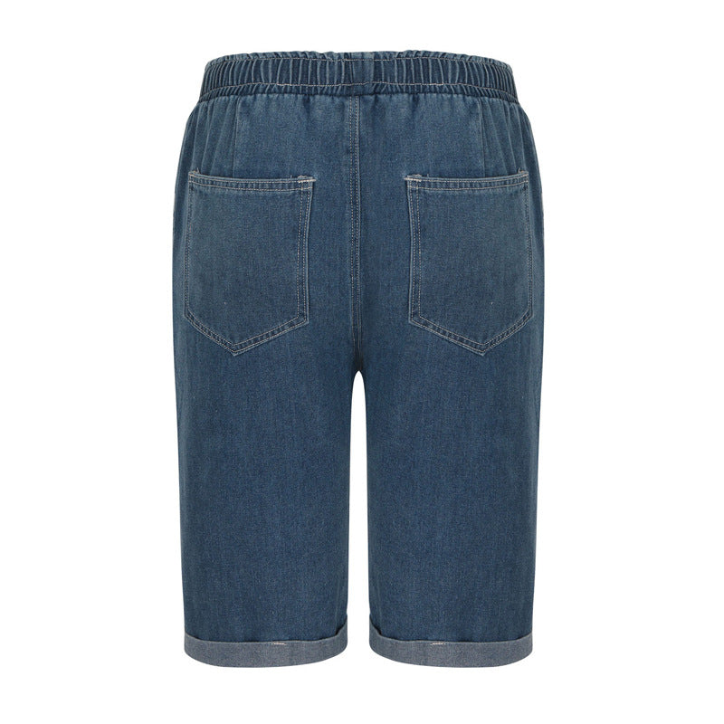 Straight elastic waistband drawstring five quarter pants denim shorts