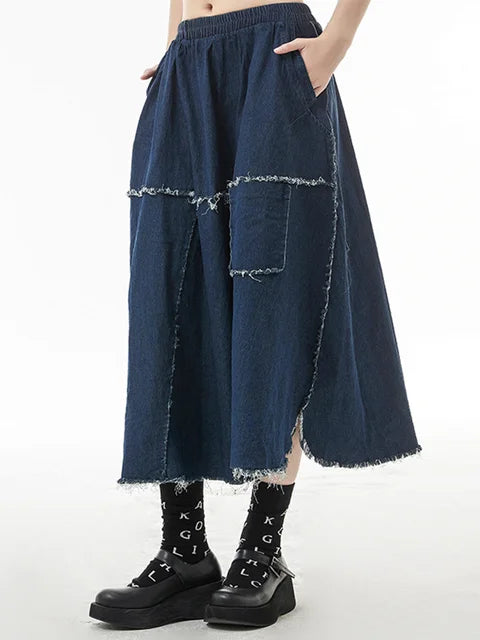 High Elastic Waist Blue Denim Burr Long Casual Vintage Half-body Skirt Women Fashion Tide New Spring Autumn