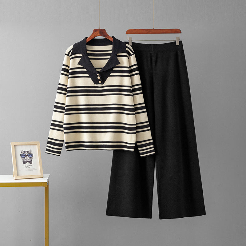 Flip collar color blocked striped long sleeved wide leg pants two-piece set for women
