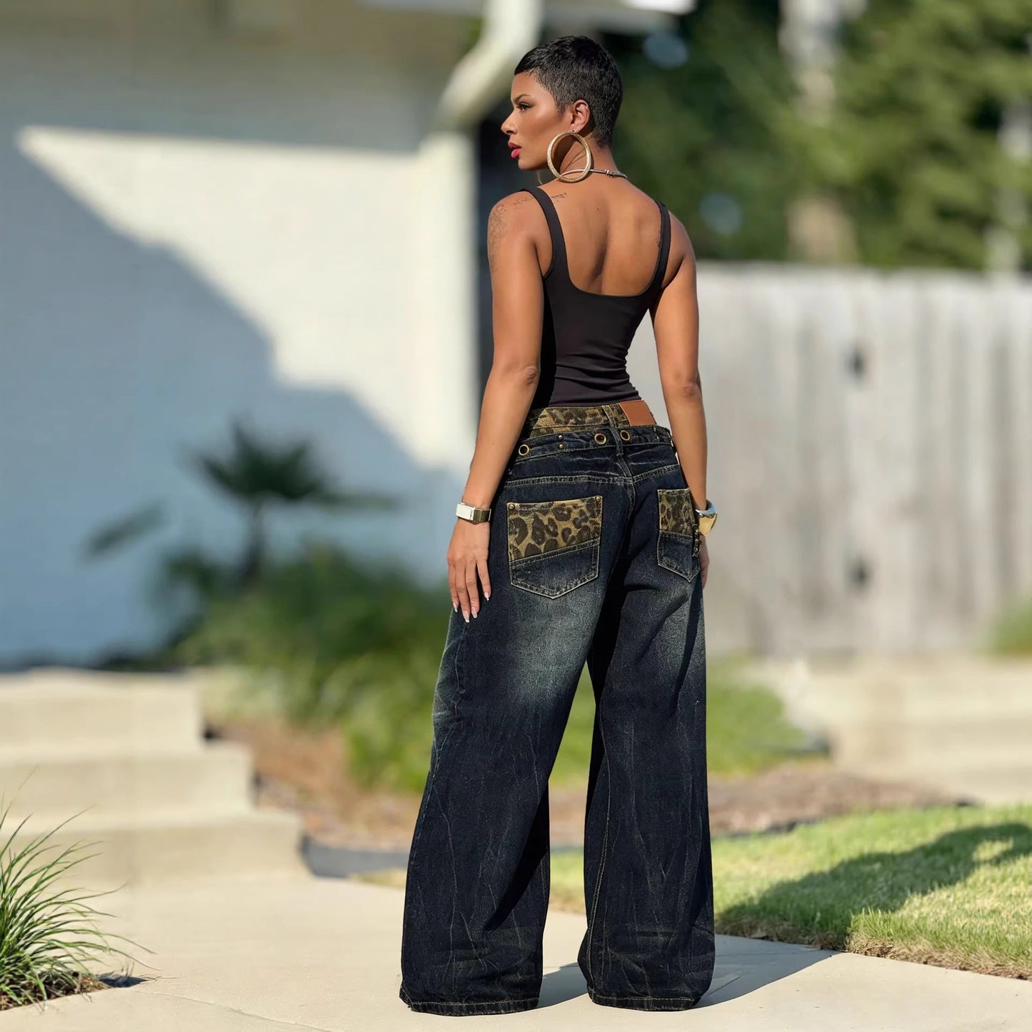 Two Waistband Distressed Washed Denim Pants with Leopard Print Pattern