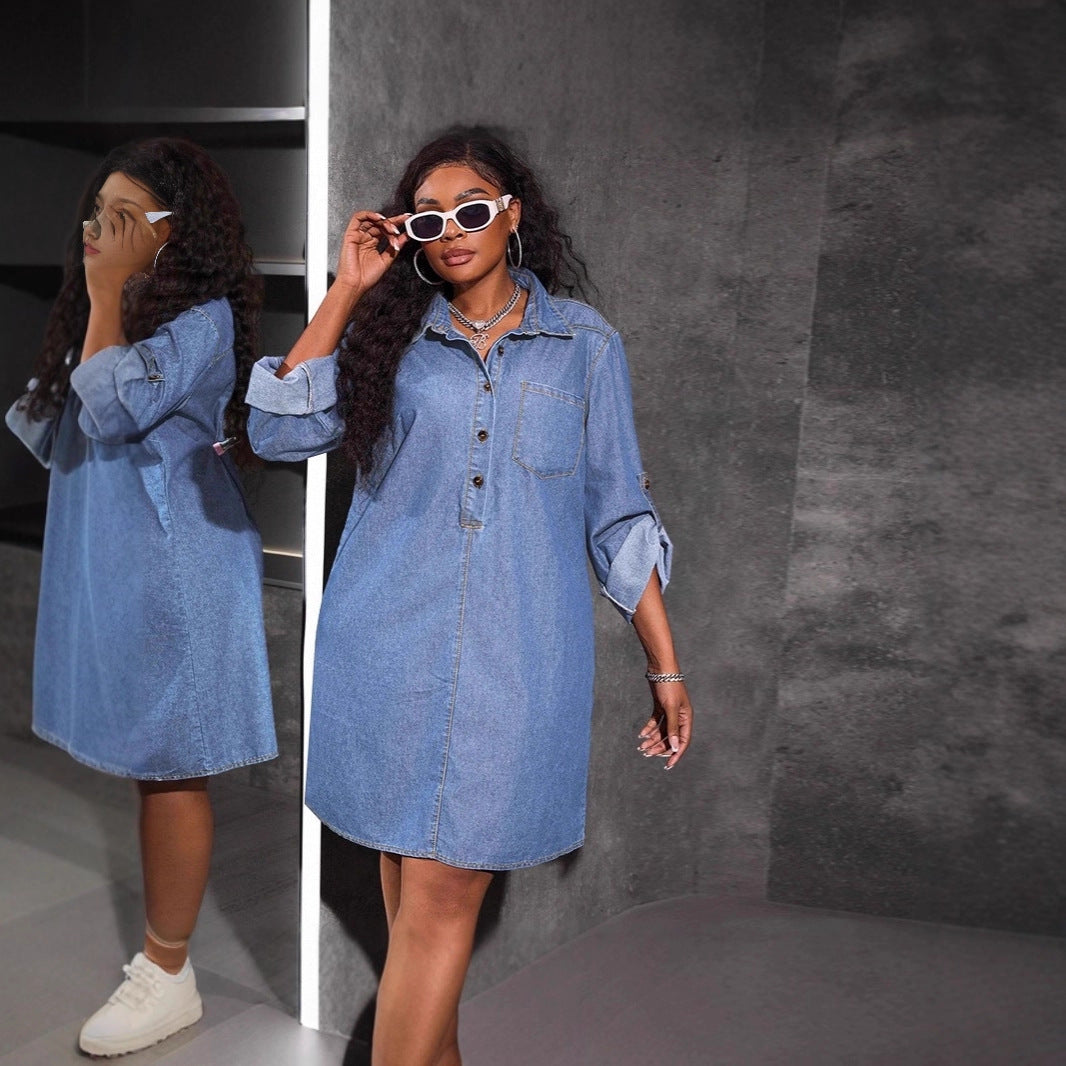 Style Denim Long Sleeve Loose Fit Retro Dress