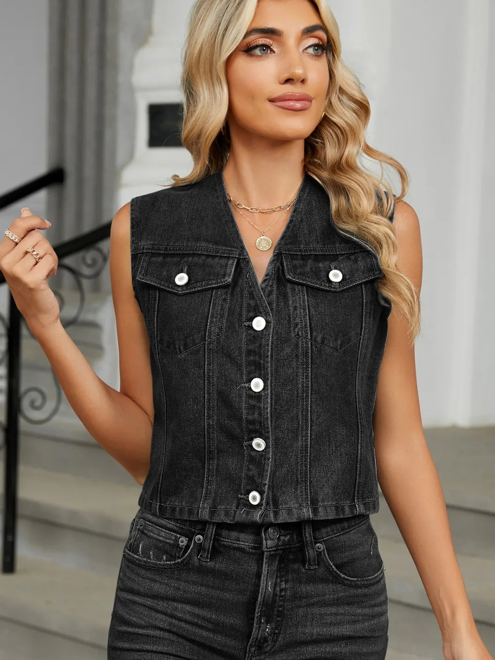 Washed slim fit denim vest
