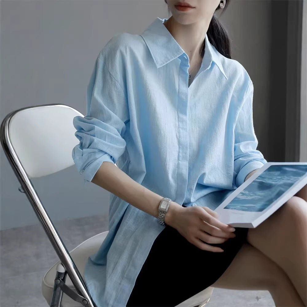 Blue Polo Collar Sun Protection Shirt Loose Lazy Style Long Sleeve Lightweight Cotton Linen Blouse Jacket