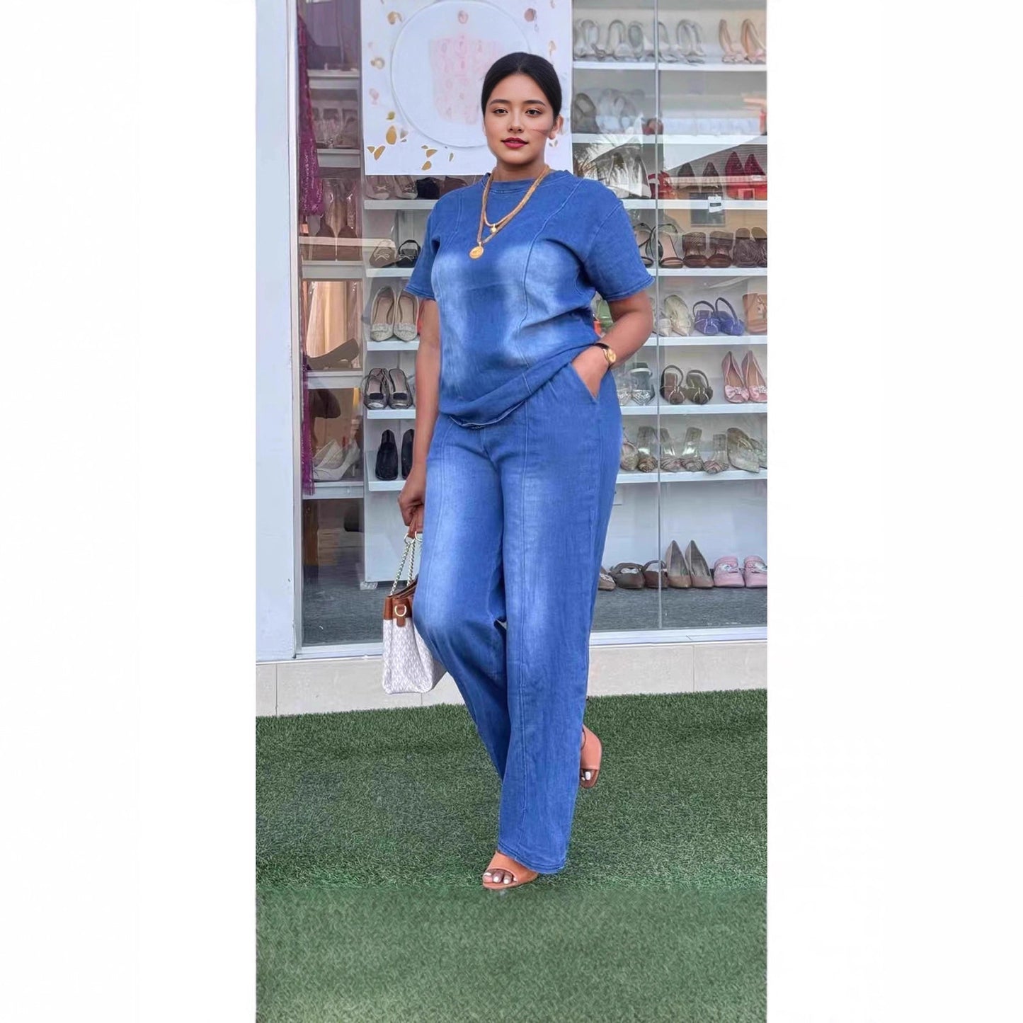 Fashion Washed Blue Loose Short Sleeve Denim Women's Set Casual Style
