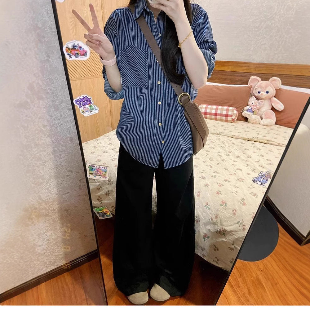 Retro Striped Long Sleeve Women's Shirt Casual Blue Blouse Loose Fit Top