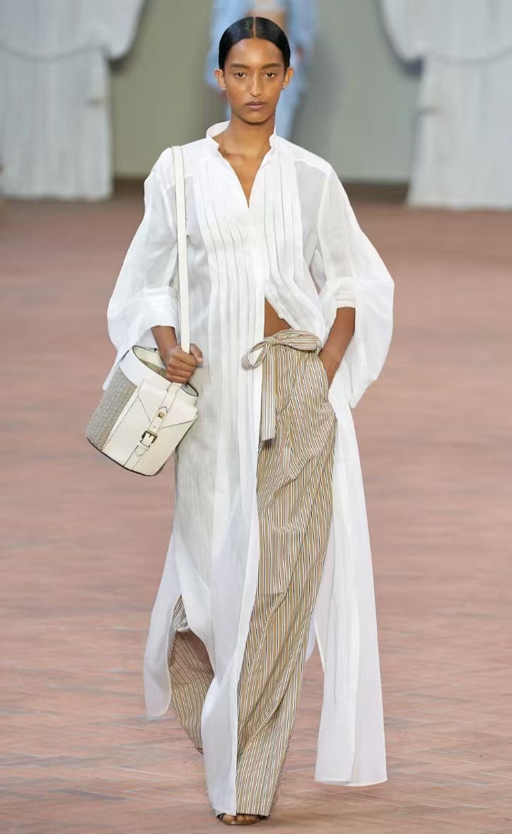 Loose pleated shirt style long dress