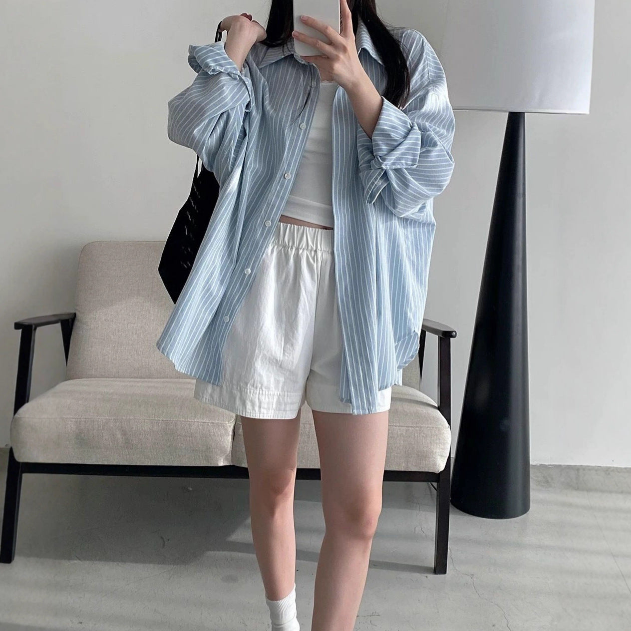 Polo Collar Light Blue Long Sleeve Striped Shirt Women's Chic Loose Cardigan Top