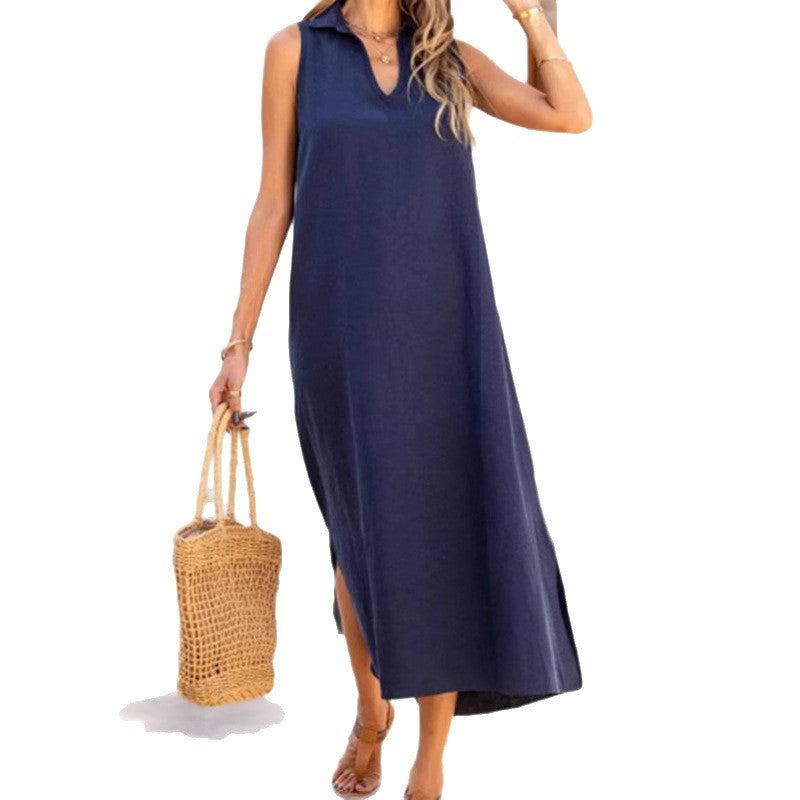 Solid Color Sleeveless V-Neck Loose Fit Dress