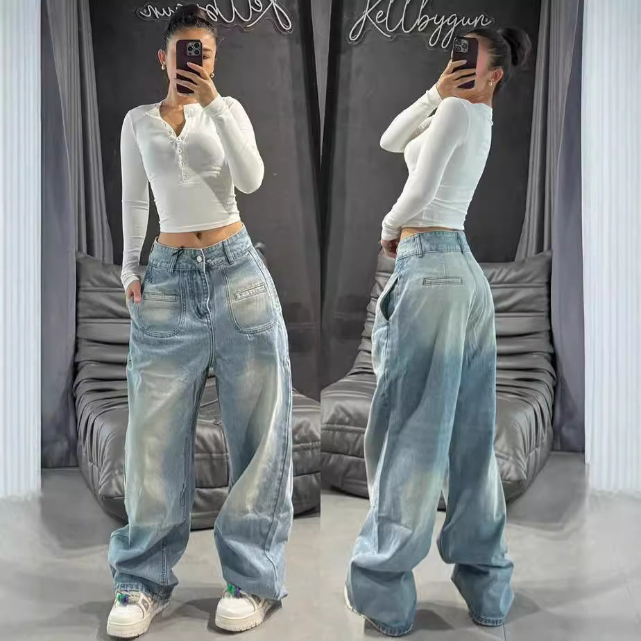 Women's High-Waisted Straight Leg Jeans, Autumn Fashion Dye-Effect Wide Leg Pants