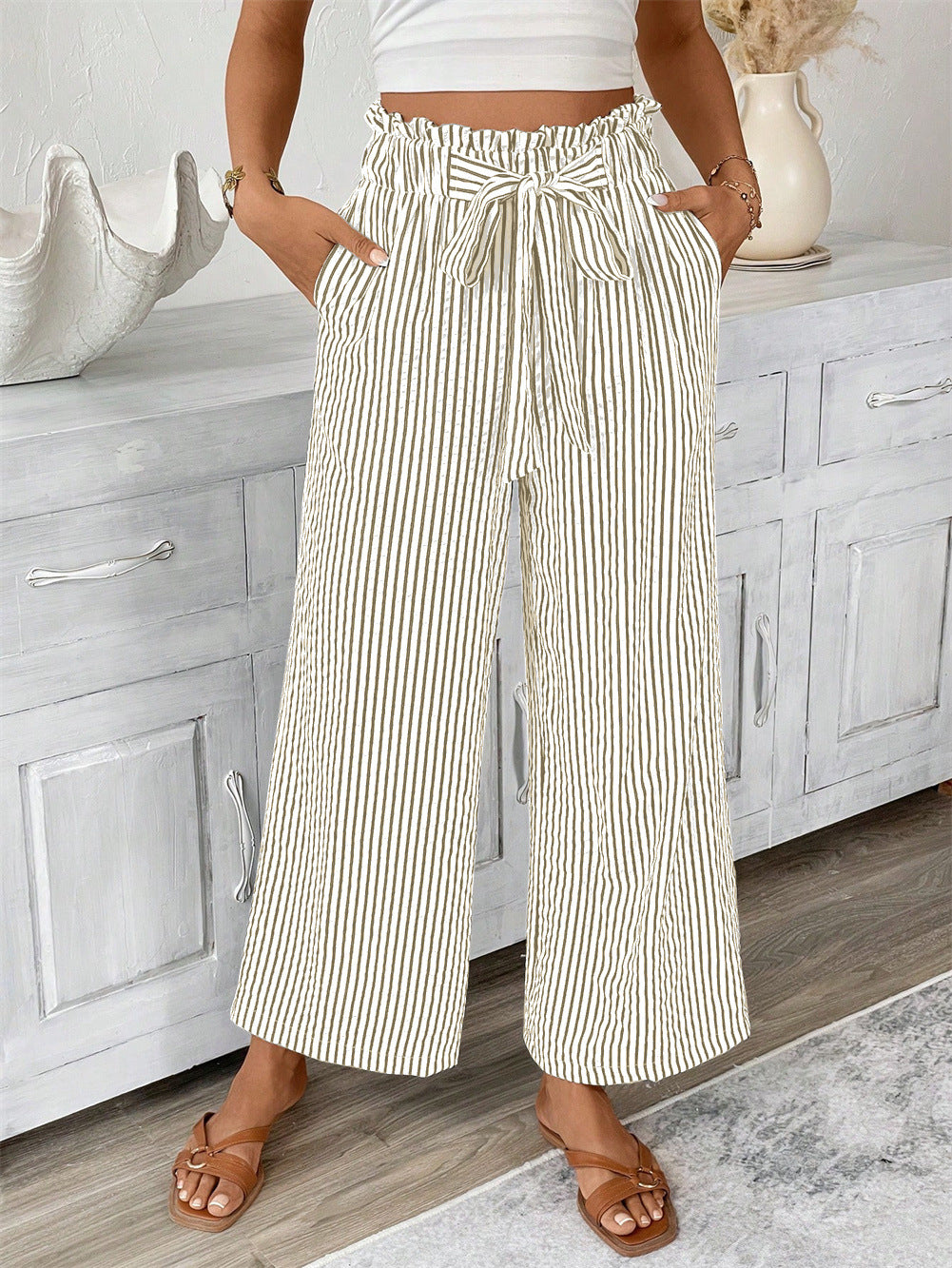 Straight Leg Pants for Women Stripe Pattern, Casual ElegantWomen's Bottoms