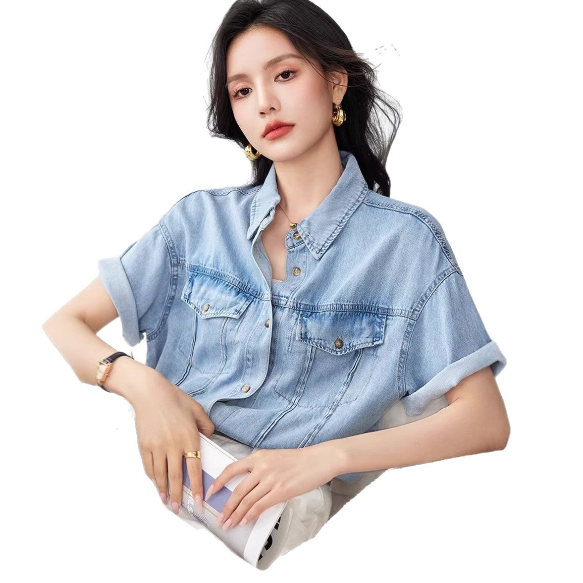 Summer Short Sleeve Denim Shirt Inner Layer Blouse Women's Casual Workwear Blue Top