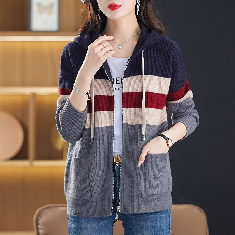 Striped Double Zipper Hooded Knit Cardigan for Women, Loose Slim Fit Sweater Top Outerwear