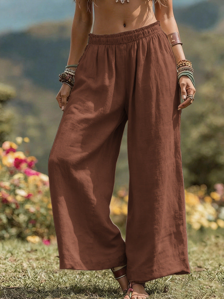 Loose Side Pocket Elastic Waist Cotton Linen Wide Leg Pants for WomenCasual Fashion Bottoms