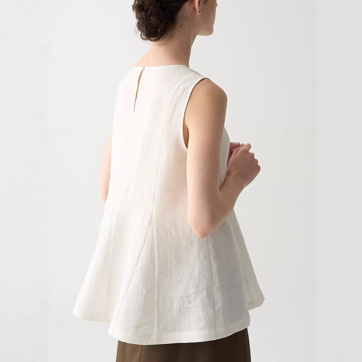 White Linen Blouse with Unique Patchwork Design Loose Sleeveless Top