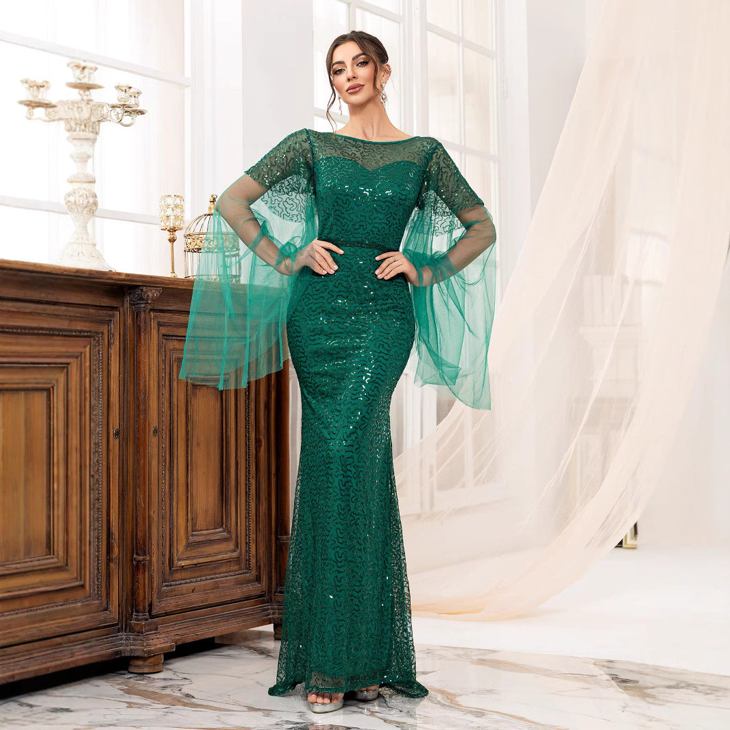 Backless Green Long Sleeve Boat Neck Evening Gown with Sequins Fish Tail Design, Formal Dress for Women