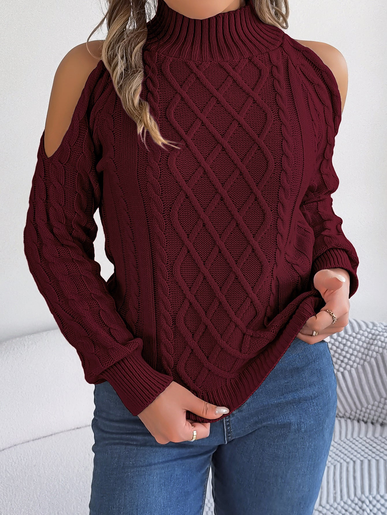 Women's autumn and winter casual warm twisted off-shoulder half-high collar long-sleeved pullover sweater