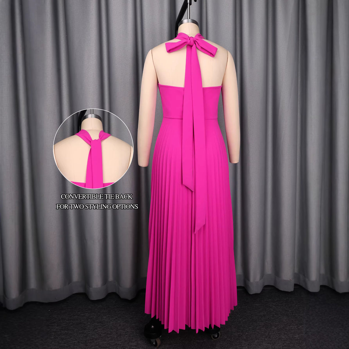 Folding waist three-dimensional flower hanging neck pleated skirt