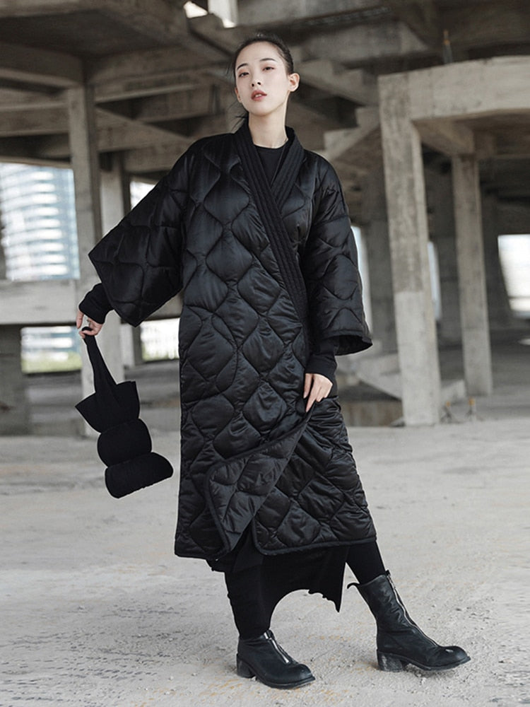 New Black Kimono Bandage Nightgown Women's One-Piece Down Cotton Padded Jacket Large Gourd Pattern Coat