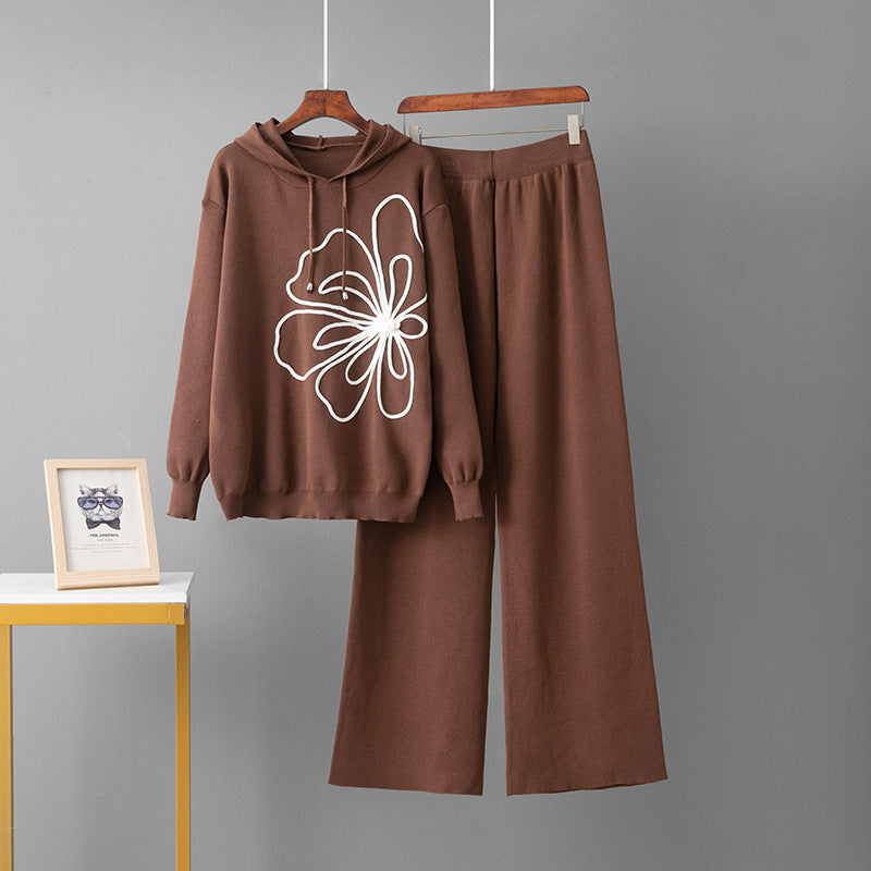 Long sleeved flower sweater wide leg pants two-piece set