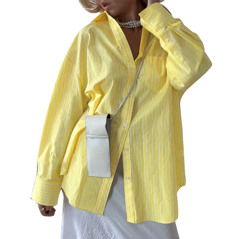 Long sleeved striped shirt cardigan for women