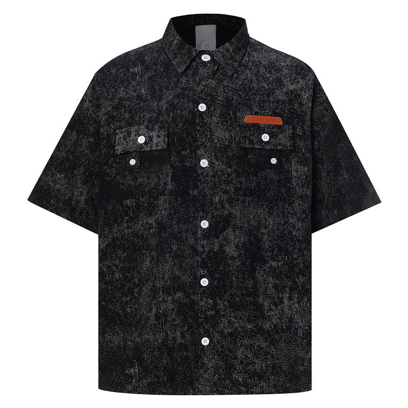 Men's Summer Short-Sleeved Collar Casual Shirt Slim Black Leisure
