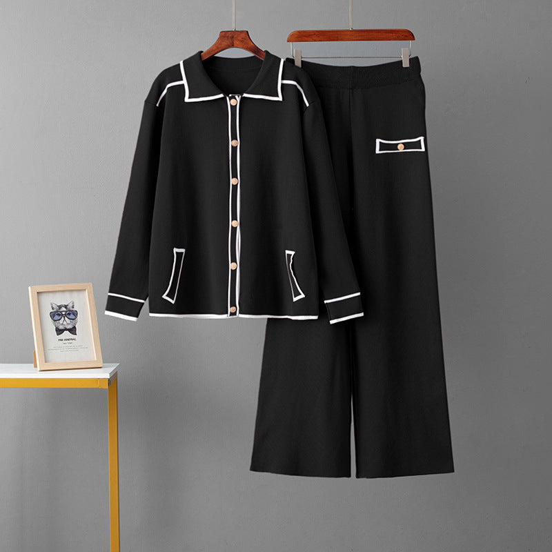 Polo collar sweater wide leg pants two-piece set