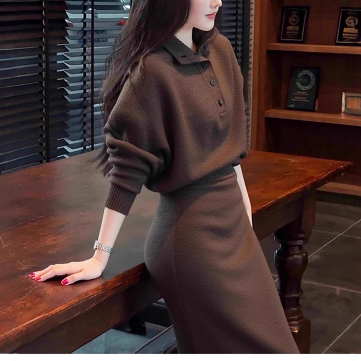 Chic Brown Sweater Dress Set for Women, Elegant and Sophisticated Outfit, Casual and Stylish Two-Piece Ensemble