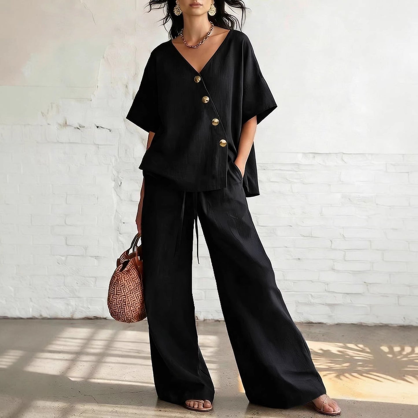 Women's Fashion Casual Solid Color V-Neck Loose Short Sleeve Top with Drawstring Pants Two-Piece Set