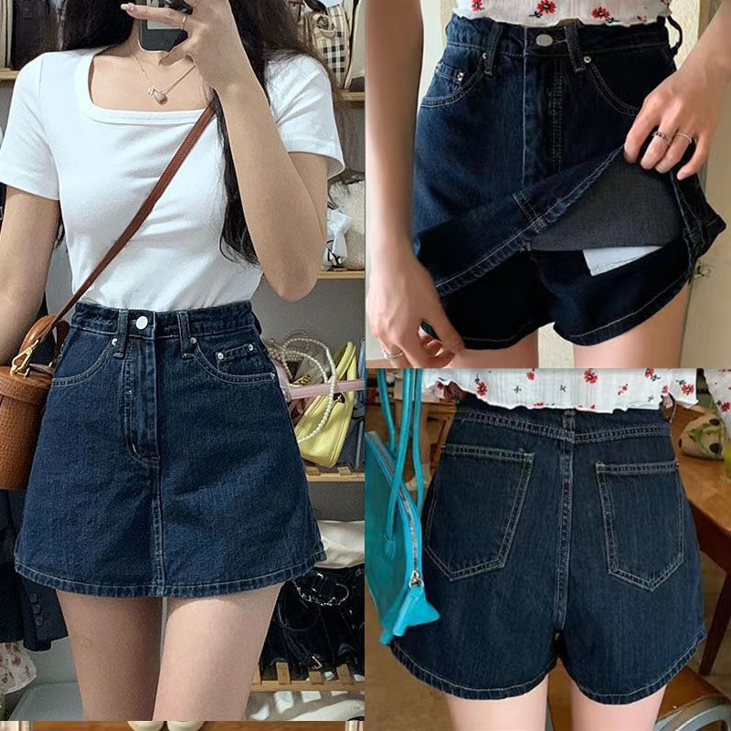 Retro Denim Mini Skirt for Women High Waist Plus Size Tummy Hiding Hip Concealing Slimming A-Line Half Skirt Pants