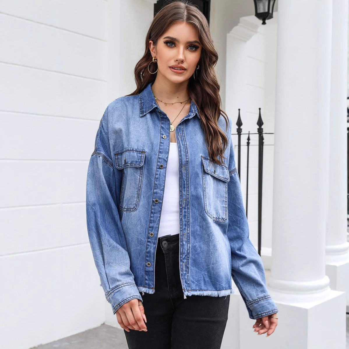 Long sleeved American washed distressed collar vintage denim shirt for women