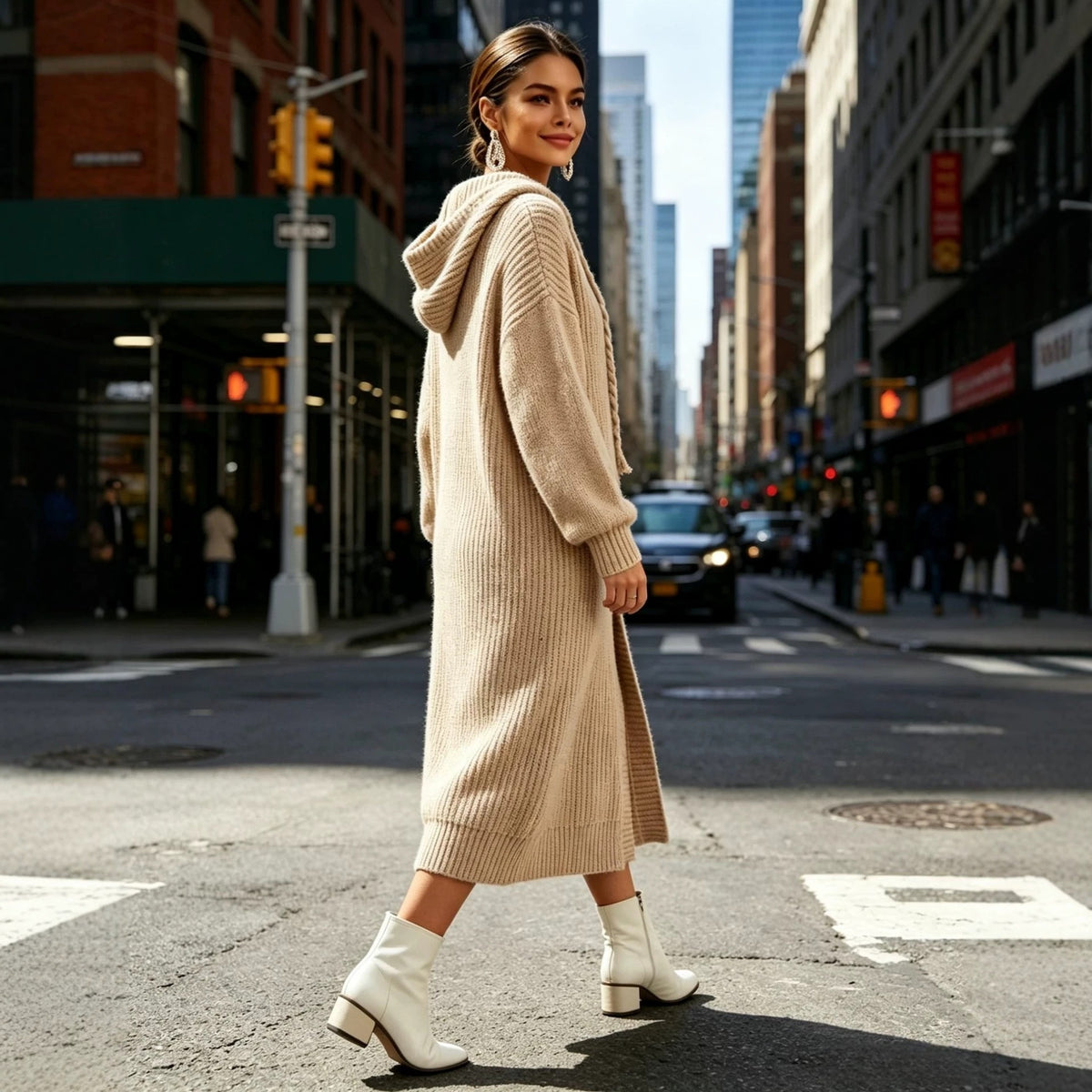 Hooded drawstring long dress for women