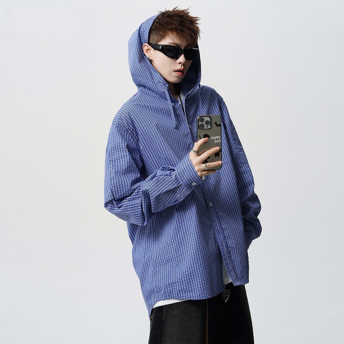 Checkered hooded long sleeved sunscreen shirt casual shirt jacket