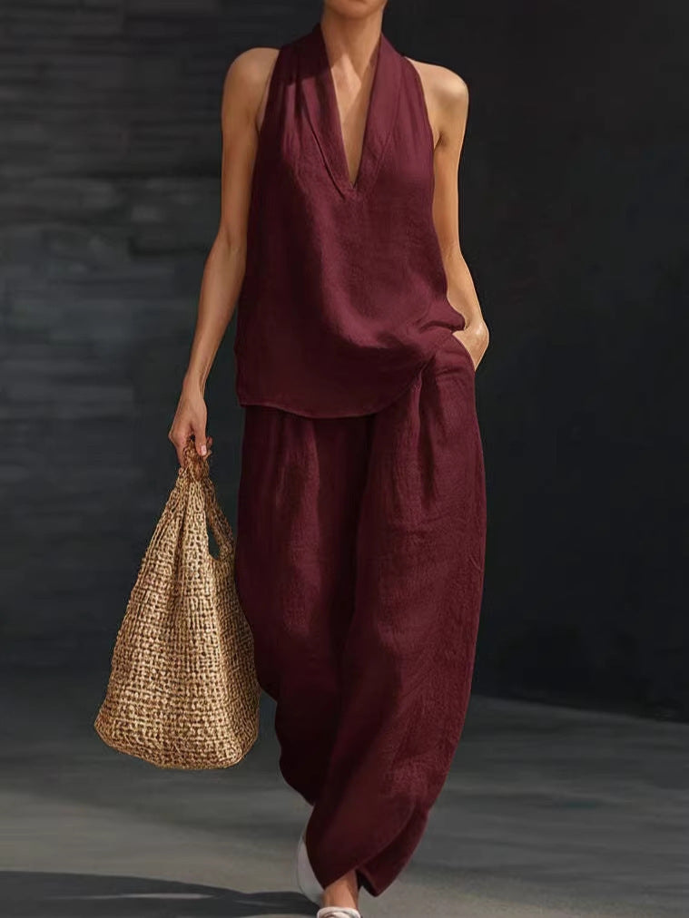Fashionable Solid Color Strapless V-Neck Sleeveless Casual Two-Piece Set for Women