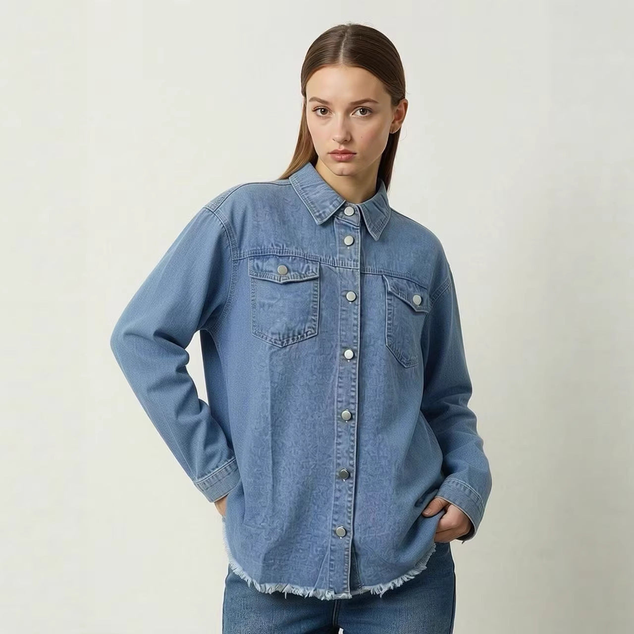 Retro Washed Casual Solid Color Mid-Length Long Sleeve Pocket Denim Jacket for Women