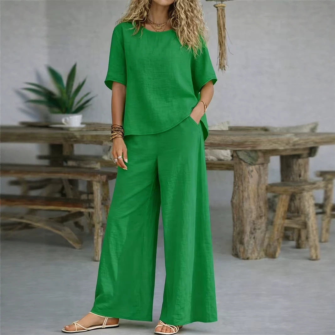 Casual Loose Rich Style Wide-Leg Pants Linen-Cotton Two-Piece Set for Women