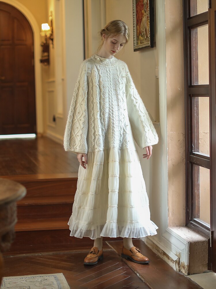 Wool Handmade Beaded Sparkling Elegant Big Skirt False Two-Piece Loose Sweater Dress