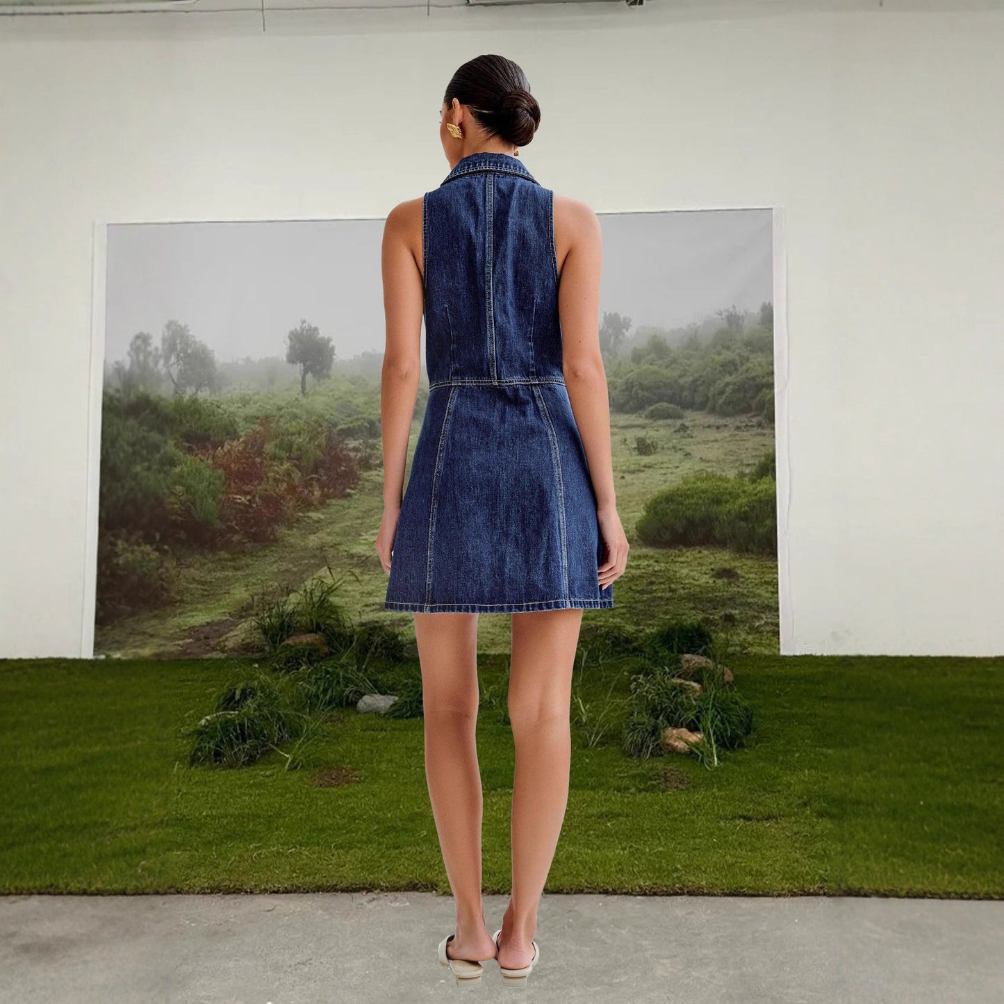 V-Neck Patchwork A-Line Waist-Cinched Umbrella Button Sleeveless Vest Denim Dress for Women