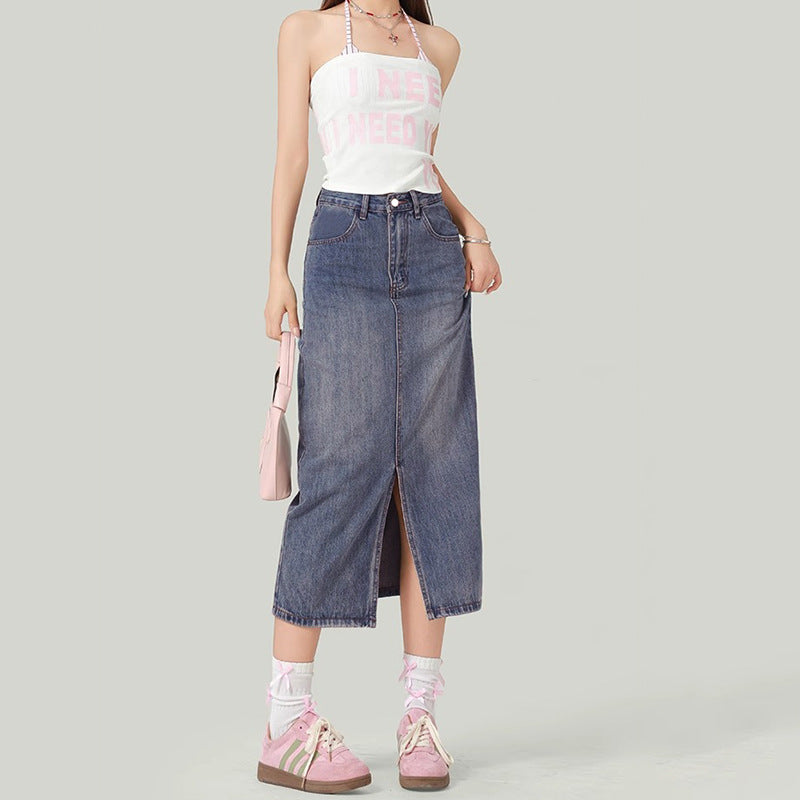 Trendy Versatile  High-Waisted Slit Denim Skirt Women's  Half Skirt Bodycon Denim Skirt